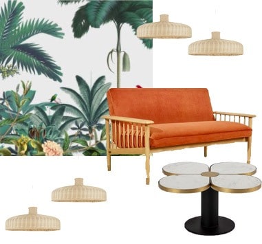 Hôtel Singulier Bordeaux décoration intérieure canapé orange table basse marbre suspension rotin