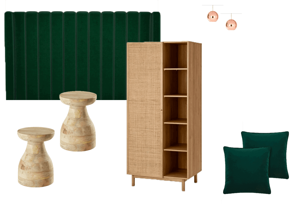 Shopping list chambre hôtel vert velours rotin bois confort