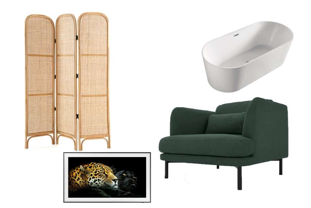 Shopping list paravent rotin baignoire ilot fauteuil vert télévision The Frame