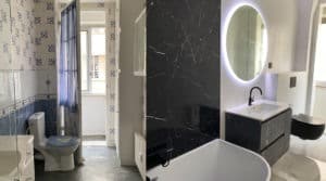 Avant après salle de bain parisienne rénovation marbre noir marbre blanc