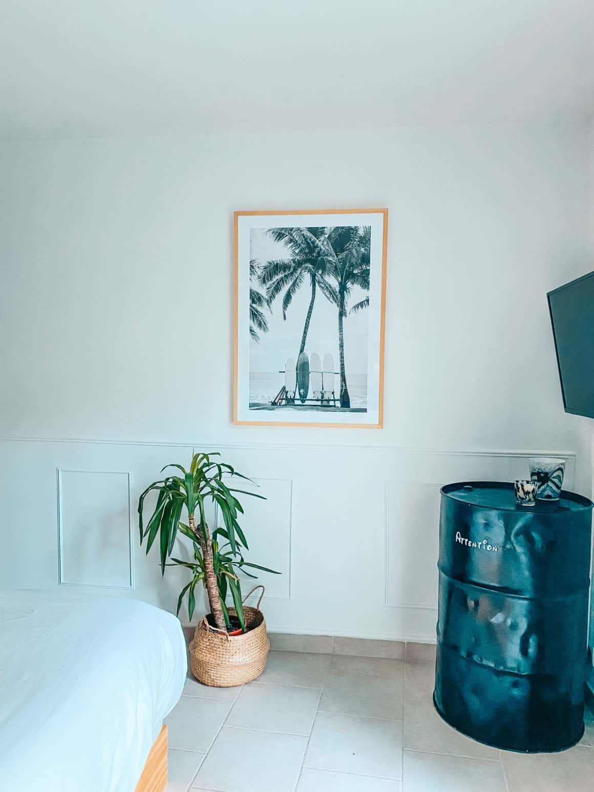Chambre moderne moulures blanches tonneau noir décoration plante exotique