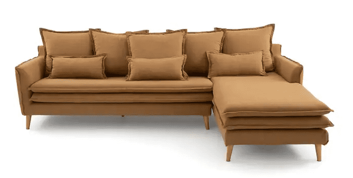 Canapé d'angle tissu léger ocre confortable famille coussins