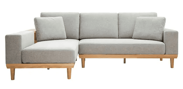 Canapé d'angle avec rangements intégrés style scandinave gris et bois clair