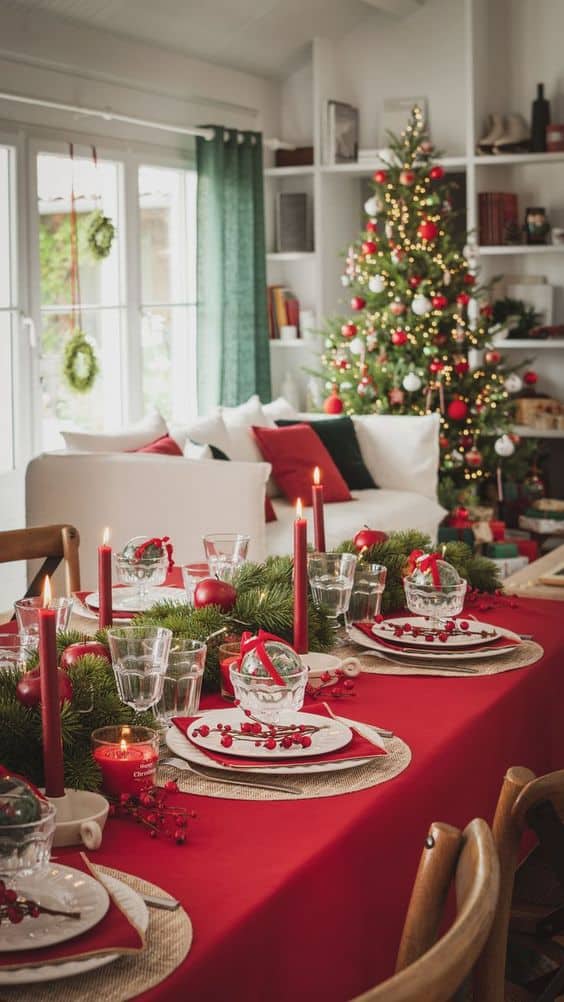 Décoration table de Noël rouge et blanche vintage et traditionnelle