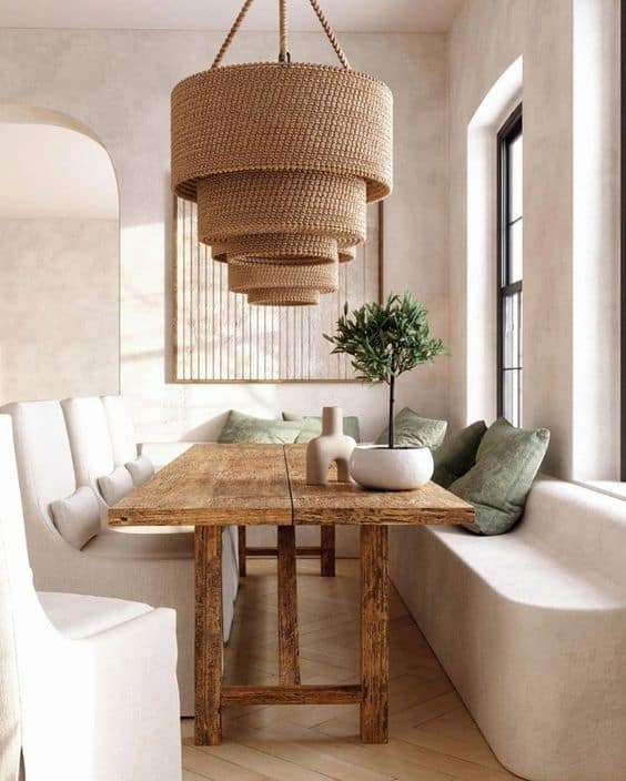 Salon décoration style méditerranéen table basse bois, banquettes blanches, olivier