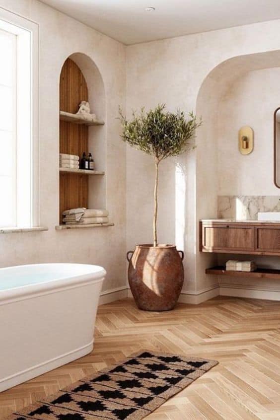 Salle de bain décoration style méditerranéen olivier niche murale parquet sol