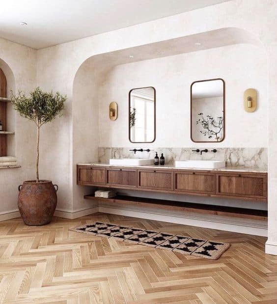 Salle de bain décoration style méditerranéen olivier niche murale parquet sol