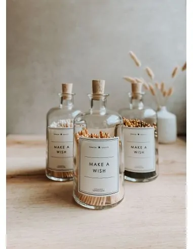 Flacon d'allumettes décoratif avec étiquettes blanches et noire