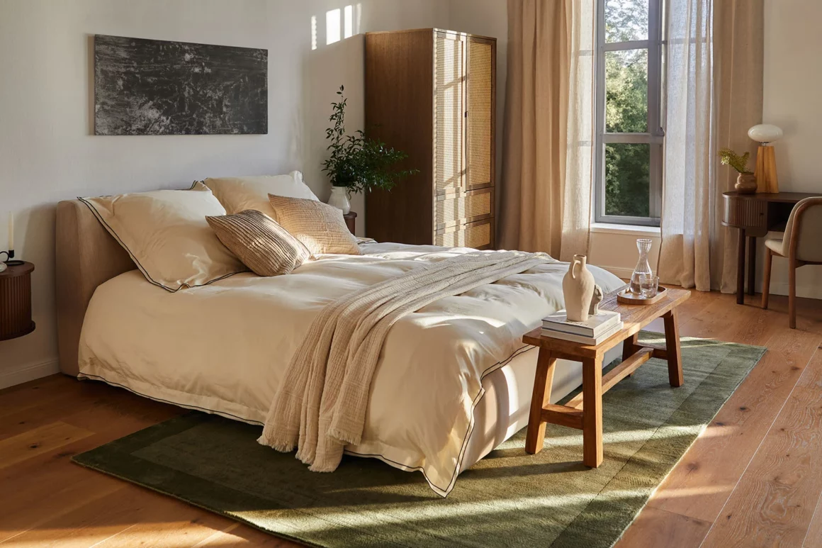 Chambre parentale confortable avec coussins XXL armoire de rangement et tapis