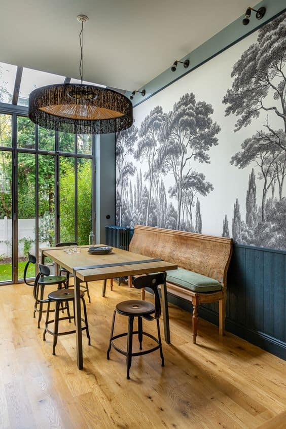 Papier peint panoramique avec sous bassement bois bleu