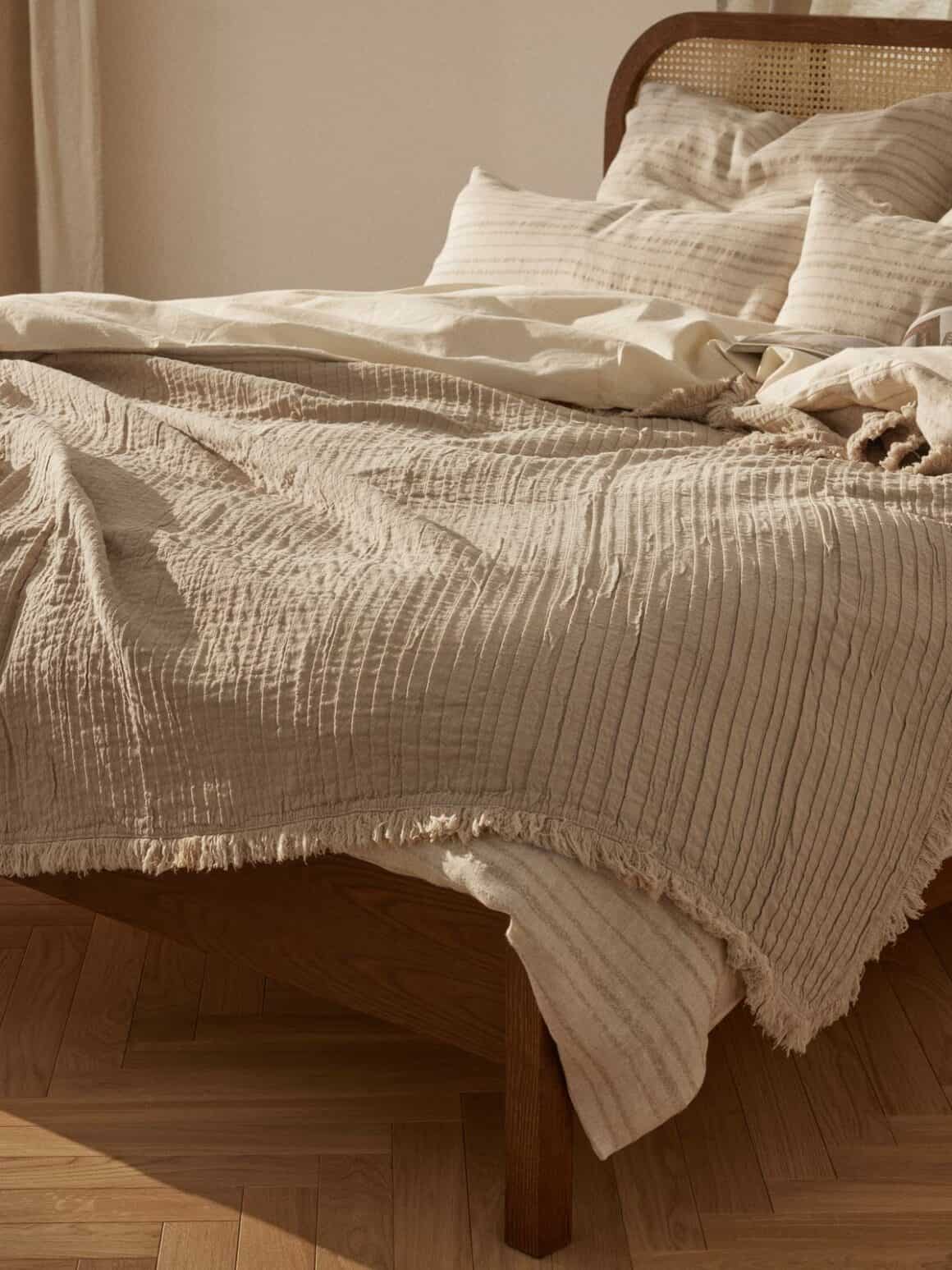 Plaid en coton avec motif plissé et franges chambre chaleureuse