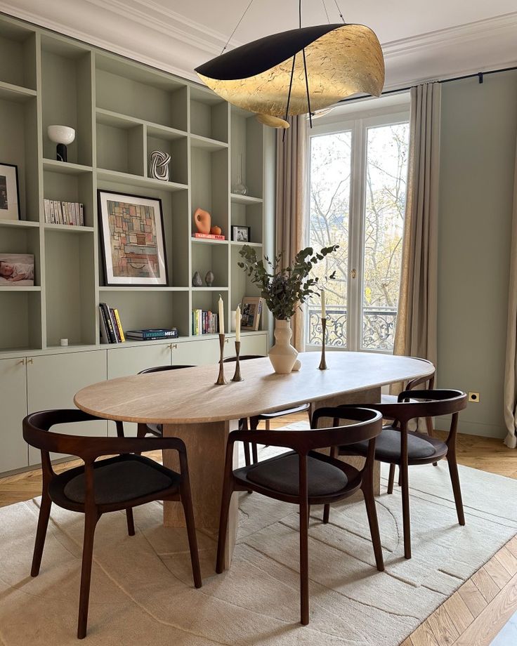 Salle à manger avec bibliothèque murale XXL verte